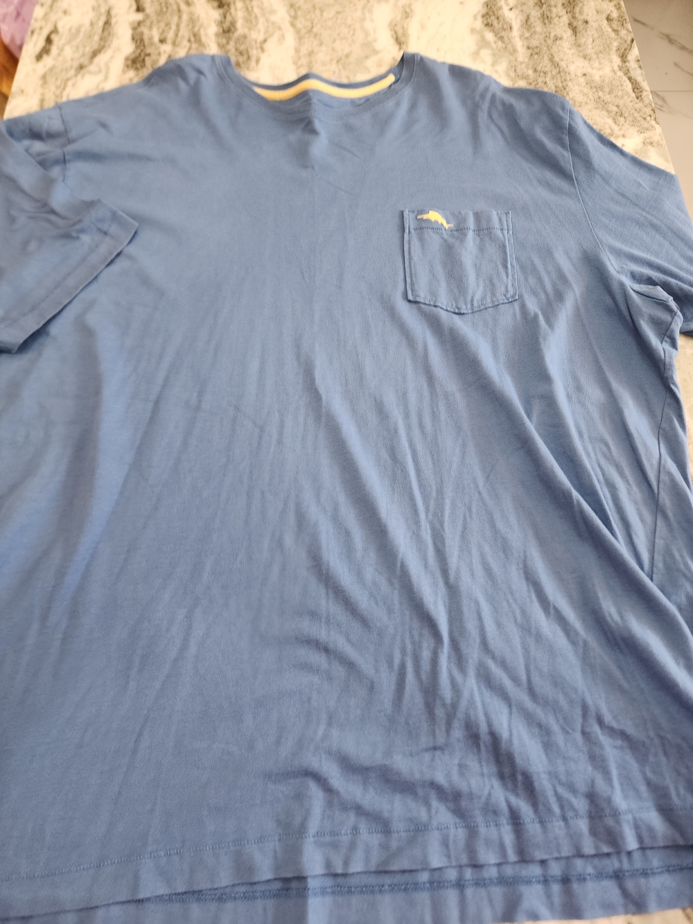 Tommy Bahama Light Blue Short Sleeve Pocket Tee with Yellow Logo